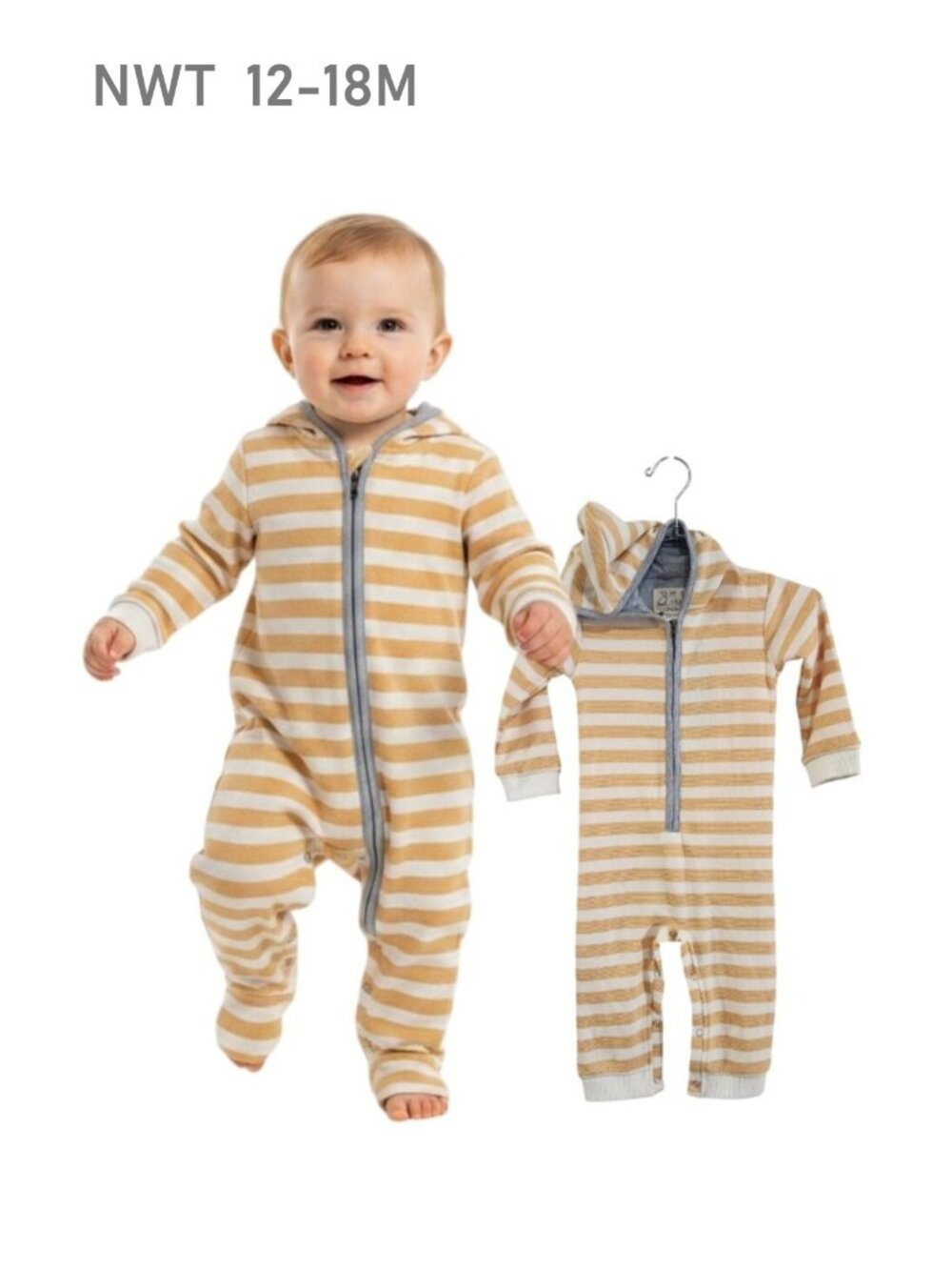 NWT - ME & HENRY Light Orange Stripe Hooded Romper - 100% cotton - Size 12/18m